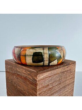 Vintage Inlaid Bone and  Brass Bangle Bracelet Hand Painted Multicolor Abstract